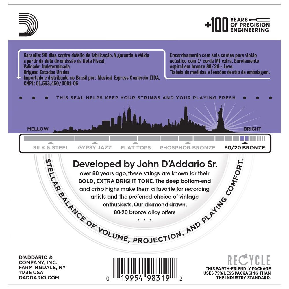 Imagem do produto Encordoamento Para Violão Aço Daddario 011 Bronze 80/20 EJ13-B C/ Mi Extra