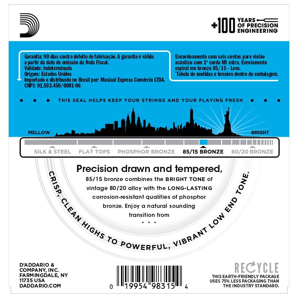 Imagem do produto Encordoamento Para Violão Aço Daddario 011 Bronze 85/15 EZ910-B C/ Mi Extra